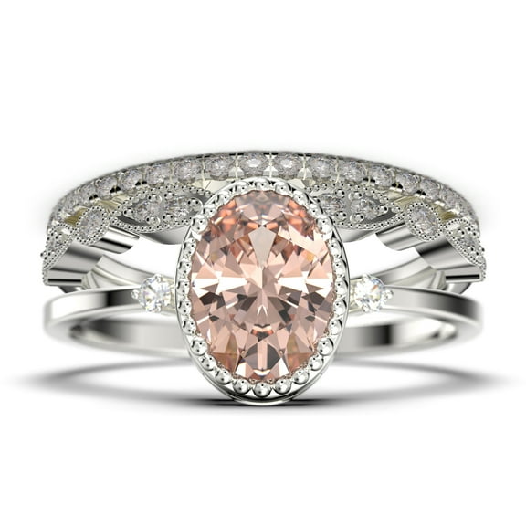 Beautiful Boho And hippie 2.35 Carat Oval Cut Morganite And Diamond Moissanite Engagement Ring, Wedding Ring, Two Matching Band in 10k Solid White Gold, Romanic Gift For Her, Promise Ring