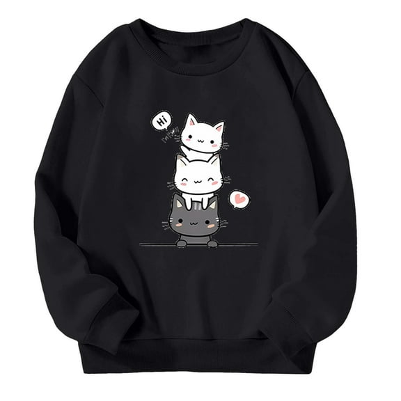 Tfken Toddler Kids Girls Sweatshirt Size 3-4 Years Long Sleeve Cat Print Casual Soft Daily Wear Tops Black Pullover Sweater