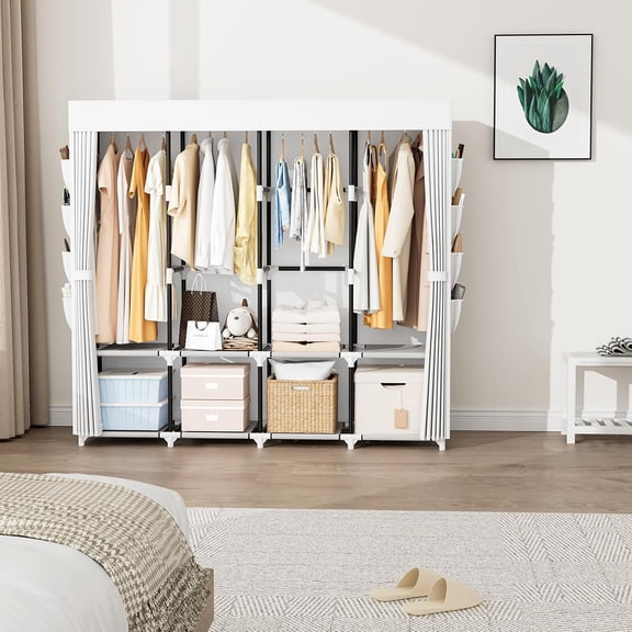 Portable Closet for Hanging Clothes, 67 Inch Wide Wardrobe with Cover, 4 Rods, 8 Shelves & Pockets, Large Free Standing Storage Unit for Bedroom, Dorm, White