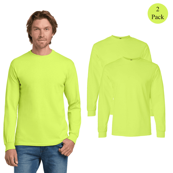 Gildan Unisex Hi Vis Ultra Cotton T-Shirt, Long Sleeve Rib Cuffs Breathable Safety Green Tee, 2 Pack, L