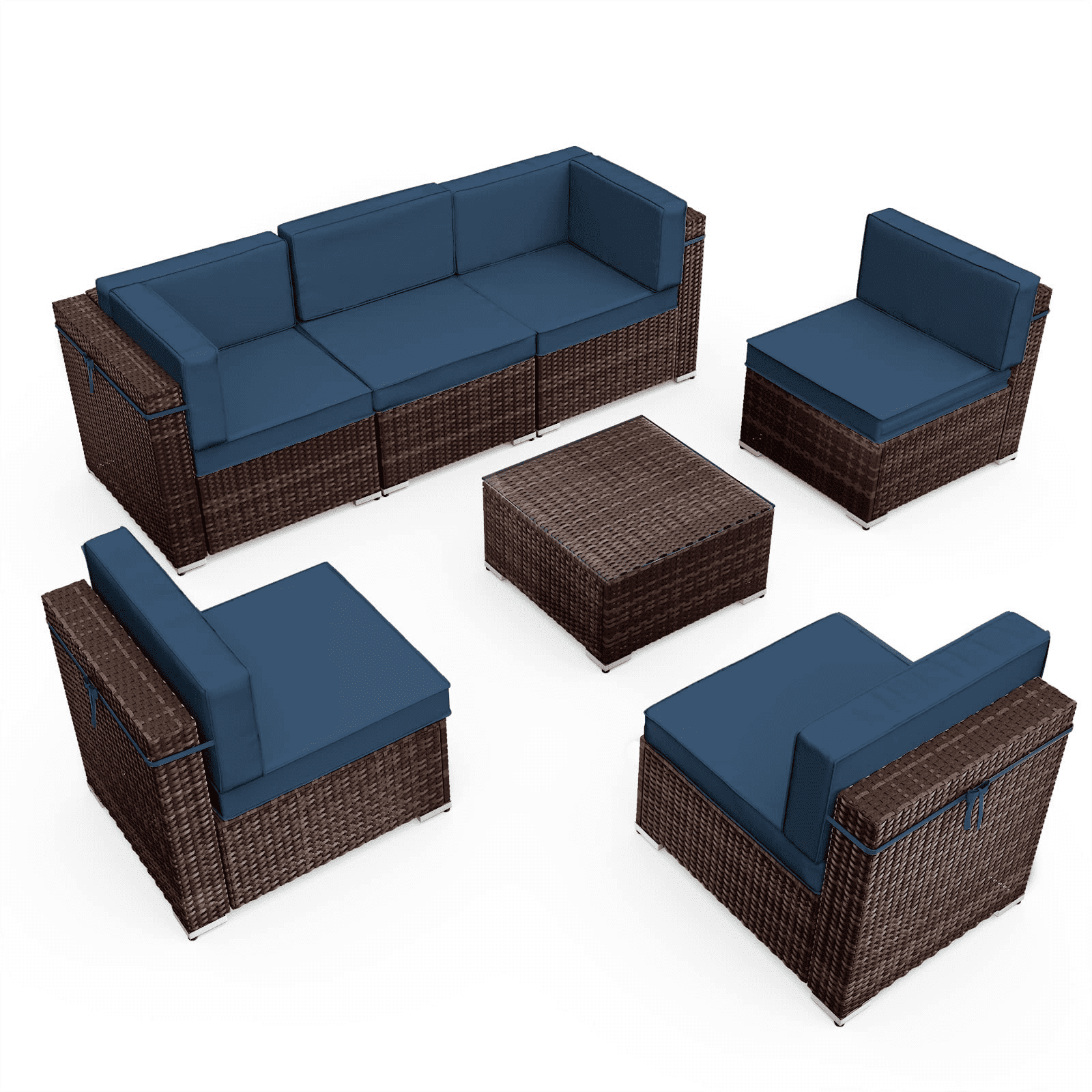 Amopatio 7 Pieces Patio Conversation Set, Outdoor Sectional PE Rattan Wicker Furniture Seat,Blue