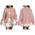 thumbnail image 2 of Women'S Knit Crochet Open Front Sweater Long Sleeve Button Flowers Loose Short Cardigan Outerwear Coats Pink XL, 2 of 7