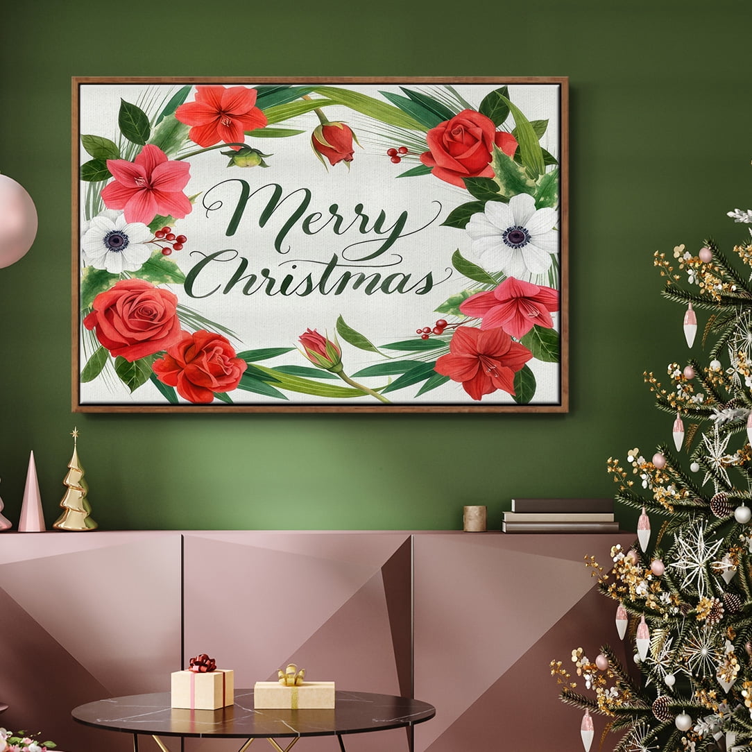 Christmas Flora Wreath Collection A - Framed Gallery Wrapped Holiday Canvas - 27 x 41 - Rosewood Frame