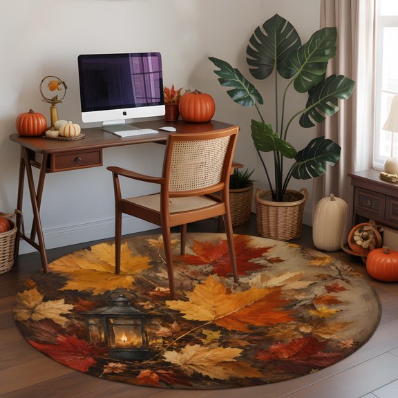 Thanksgiving Round Area Rug 3 FT, Small Kitchen Bathroom Mat, Beige Fall Farmhouse Falling Maple Leaves Washable Indoor Outdoor Throw Runner Carpet Non-Shedding Doormat for Table Shower Sofa Entryway