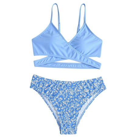 

Little Kids Girls Party Seaside Swimwear Solid Color High Waisted 2PCS Sport Flpral Beachwear Holiday Vacation Seaside Swimming Wears