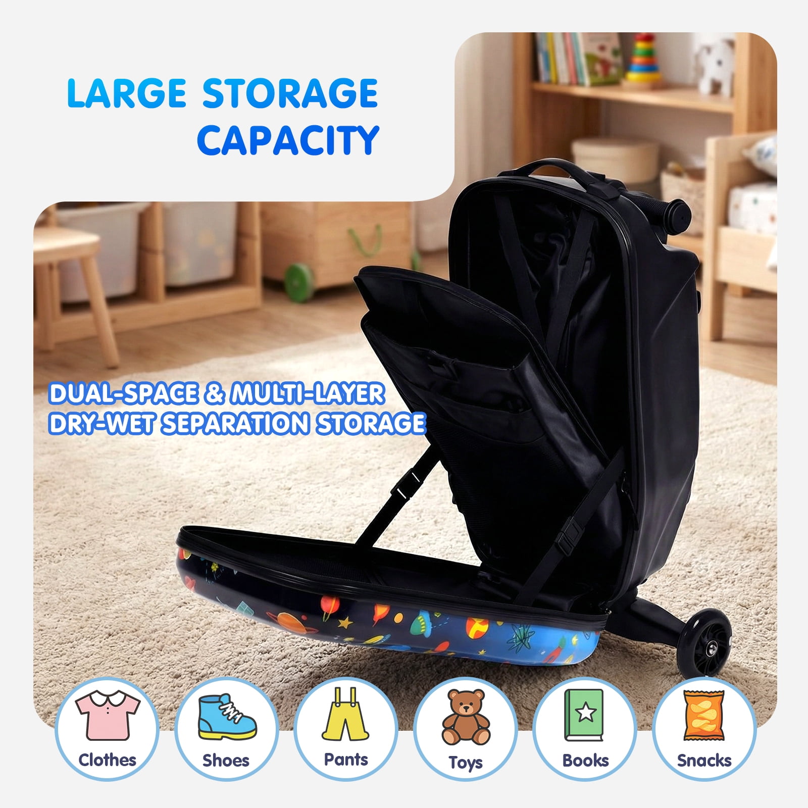 Advwin Kids Scooter Luggage with LED Wheels, 4-in-1 Detachable Foldable Ride-On Suitcase, Space-Themed Hardside Carry-On Travel Luggage, Convertible Backpack, Blue