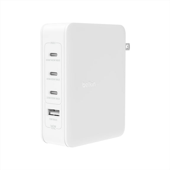 Belkin 140W 4-Port GaN Wall Charger, Multi-Port Charger USB-C Power Delivery Fast Charge & USB-A Port for MacBook, iPhone 16, iPad Pro, Samsung Galaxy S25, Google Pixel, Nintendo Switch 2 & More