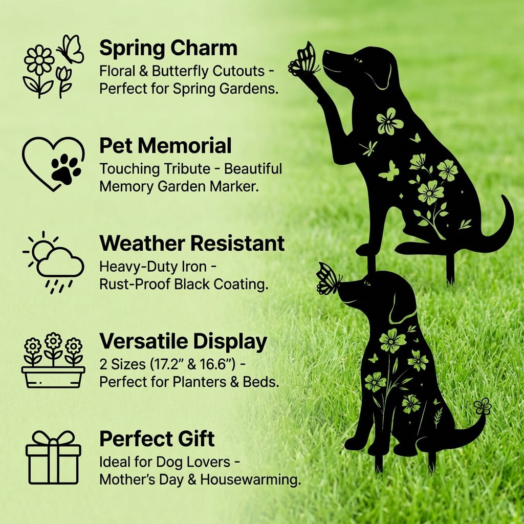 2pcs Dog Garden Stakes with Butterflies & Flowers - Metal Iron Labrador Silhouette Decorative Yard Art - Weather-Resistant Animal Statues for Outdoor Garden, Lawn, Patio, Planter Decor - Dog Lover Gi
