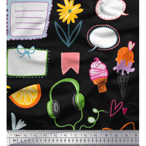 Soimoi Black Cotton Voile Fabric Food & Headphone Food Print Fabric by the Yard 42 Inch Wide