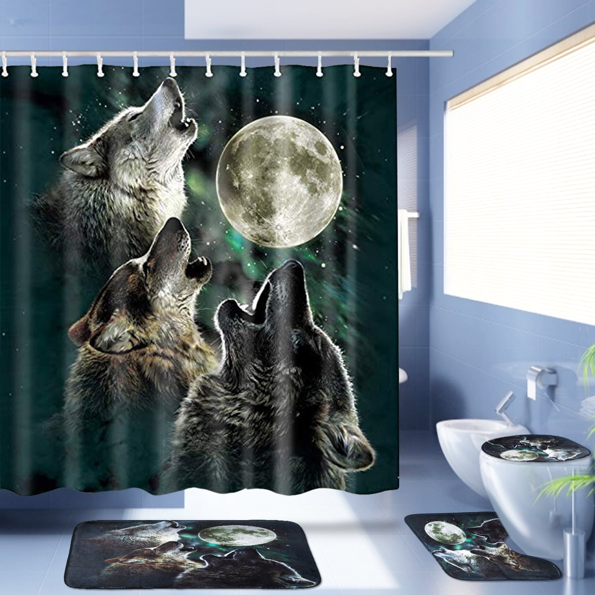 3D Wolf Moon Bath Shower Curtain Set Mat Rug Seat Lid Cover For Bathroom-Toilets 