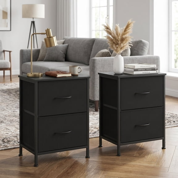 Ledrem Black Nightstand with 2 Fabric Drawers for Bedroom
