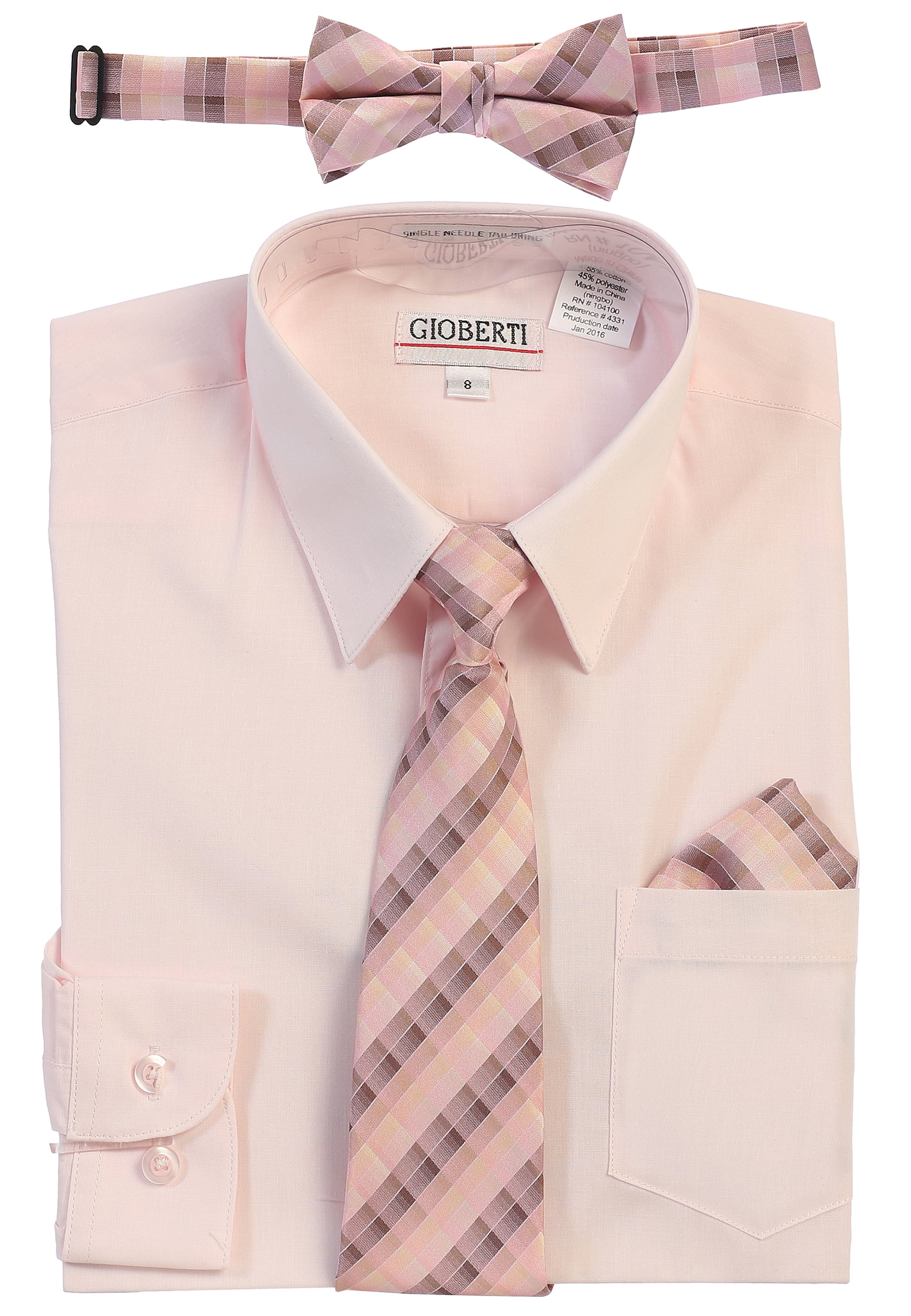 Bow Tie and Hanky Gioberti Boys Long Sleeve Dress Shirt Plaid Tie 