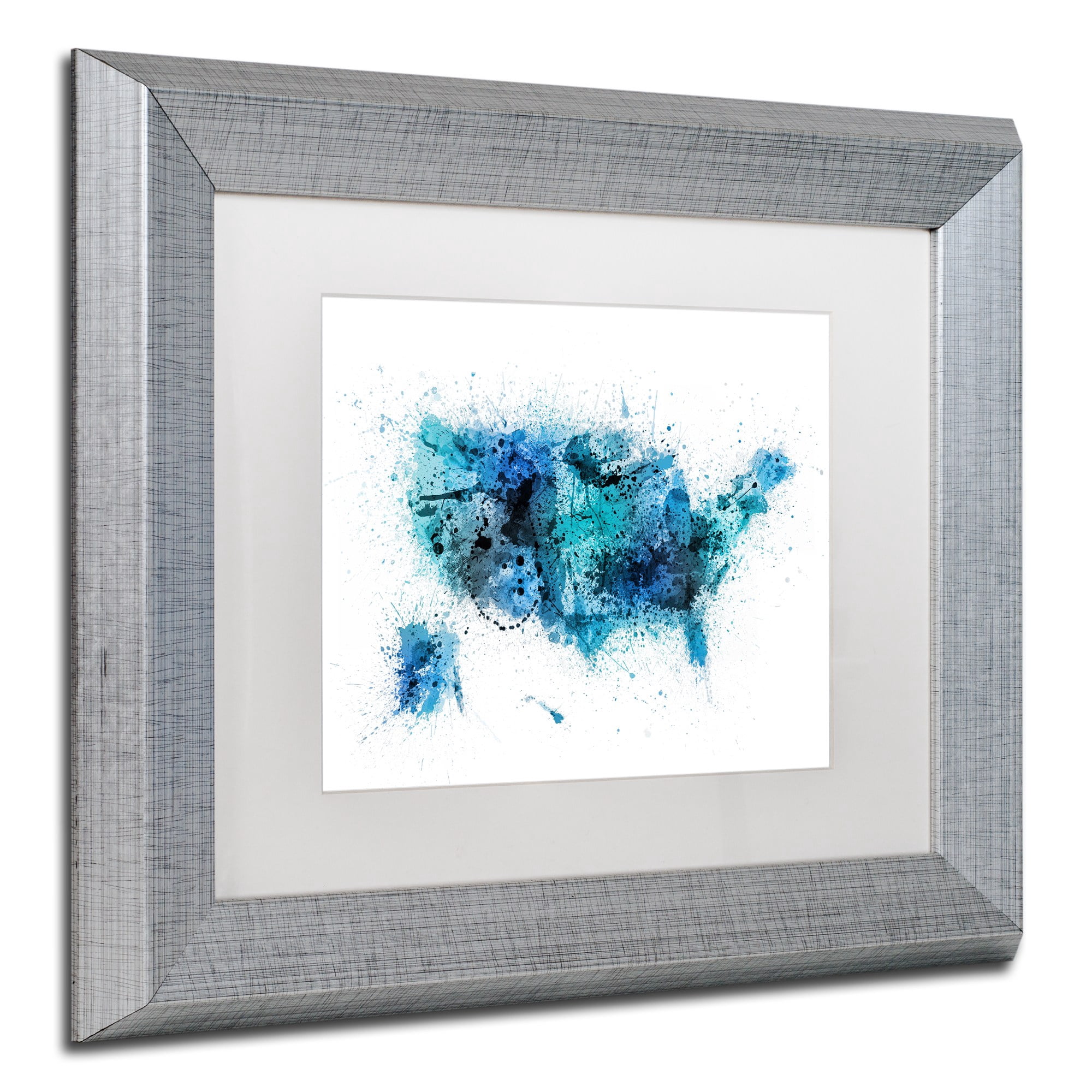 Trademark Fine Art "US Paint Splashes Map" Canvas Art by Michael Tompsett, White Matte, Silver Frame