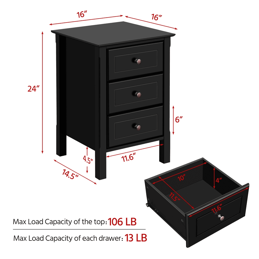 Yaheetech 3 Drawer Nightstand for Living Room, Black