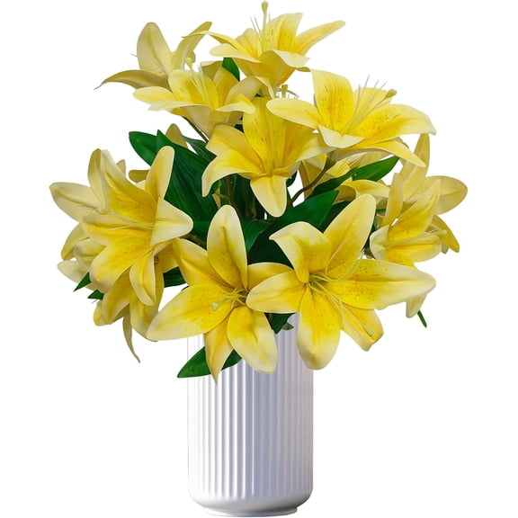 Artificial Yellow Lilies Flowers,10Pcs Faux Lily Flower,20''Tiger Lily Branch with 2 Full Blooms, Faux Fake Lilies Plants for Wedding Bouquet Home Party Indoor Floral Arrangements (10, Yellow)