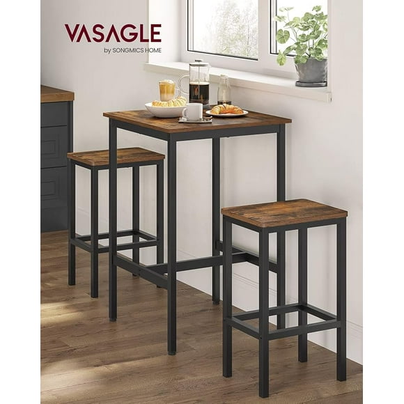 VASAGLE Mesa de Bar con 2 Bancos, Mesa Comedor con Sillas, Mesa Cocina Pequeña 60 x 60 x 90 cm, Cada Taburete Bar 30 x 40 x 65 cm, para Cocina, Comedor, Industrial, Marrón Rústico y Negro