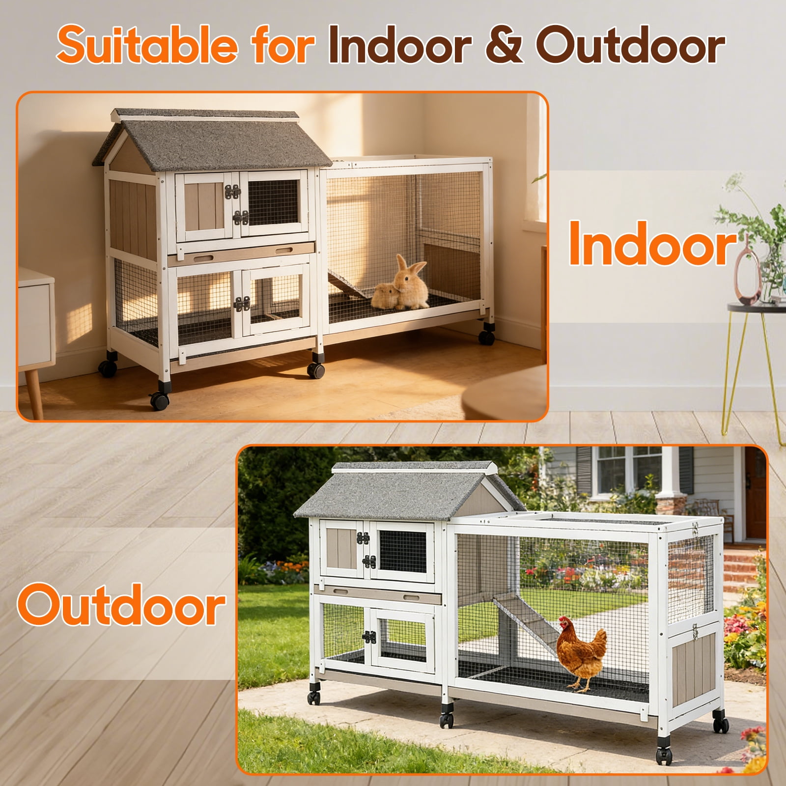 59" Large Rabbit Hutch Outdoor Wooden Bunny Cage with 3 Deep Trays, 5 Access Doors & Openable Roof, Expandable Guinea Pig Cage, Waterproof