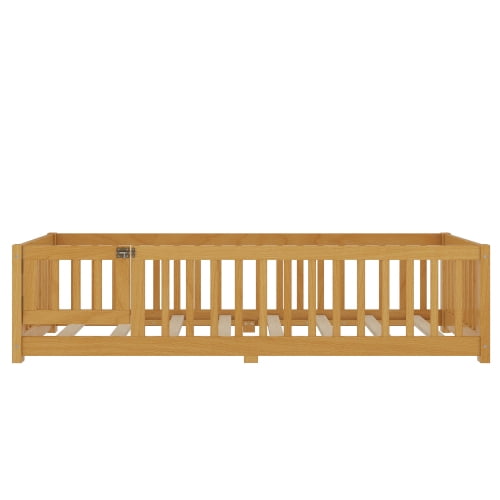 Modern Twin Size Floor Bed with Safety Guardrails and Door, Low Profile Design, Removable Slats for Versatile Use, Secure Sleeping and Playing Area, Natural