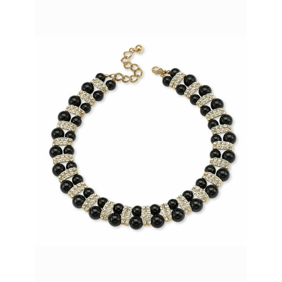 PalmBeach Jewelry Black Beaded Necklace with Crystal Accents in Yellow Goldtone