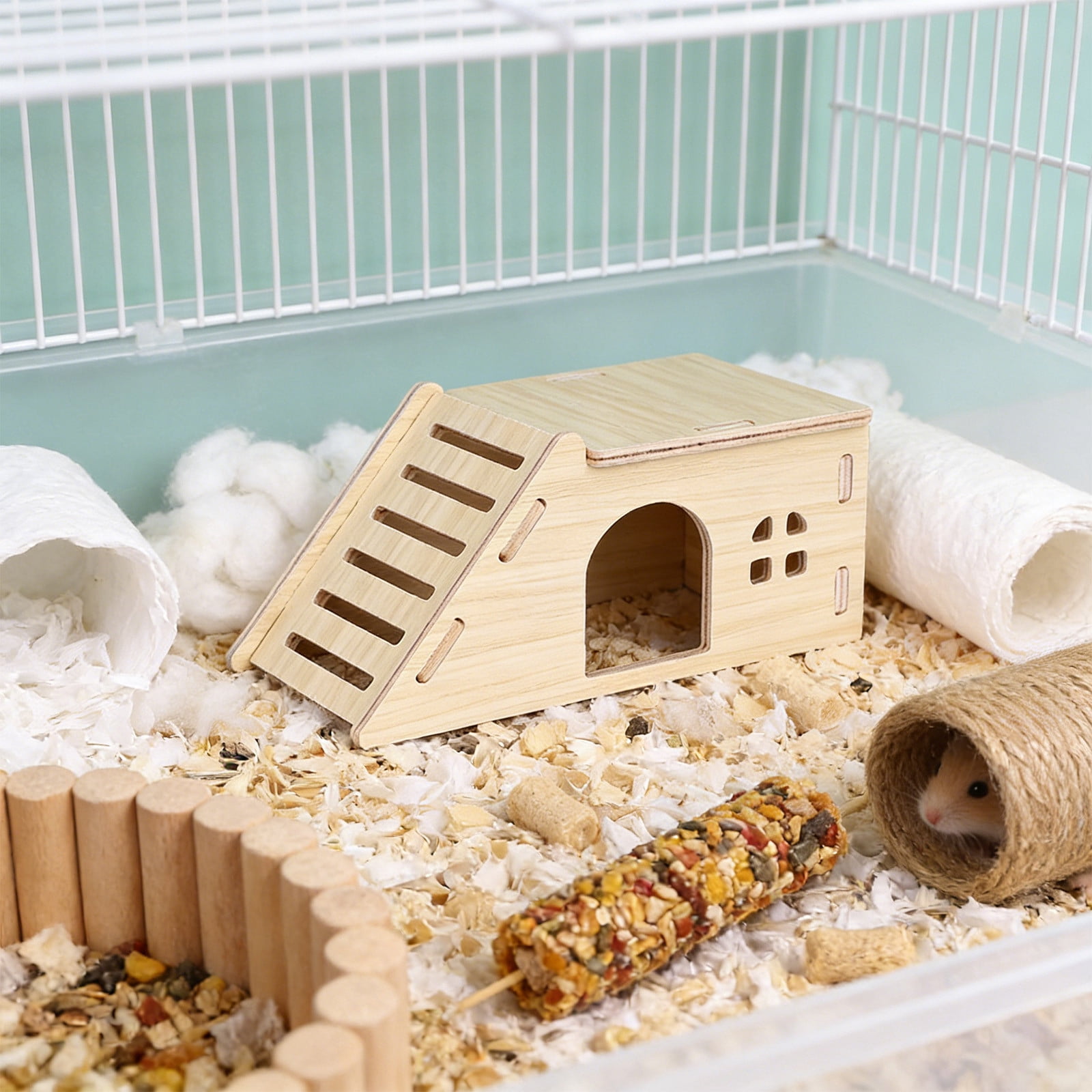 Nebwoak Natural Wood Hamster Hideout, Small Animal Chew Proof Teeth Grinding Bed for Gerbils, Solid Safe Hide House for Cage Sleeping