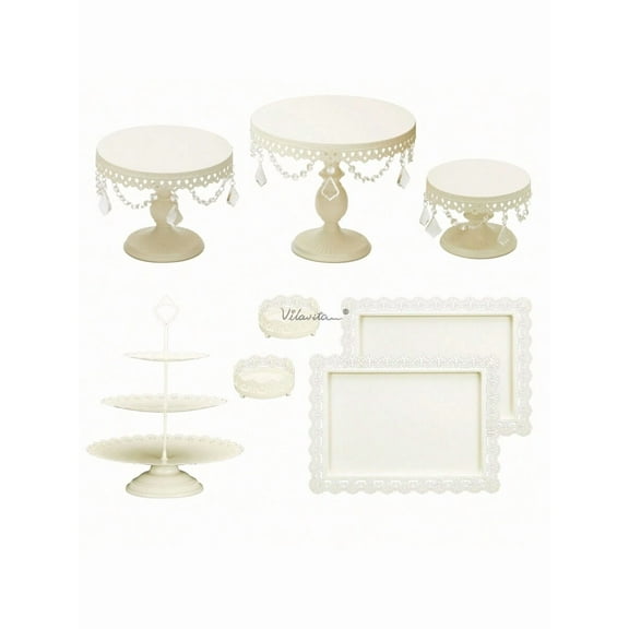 8pcs VILAVITA 8-Piece Dessert Table Display Set: Romantic Golden Round Cake Stand & Cupcake Tower For Birthday Parties, Weddings & Baby Showers, Gold/Cream White