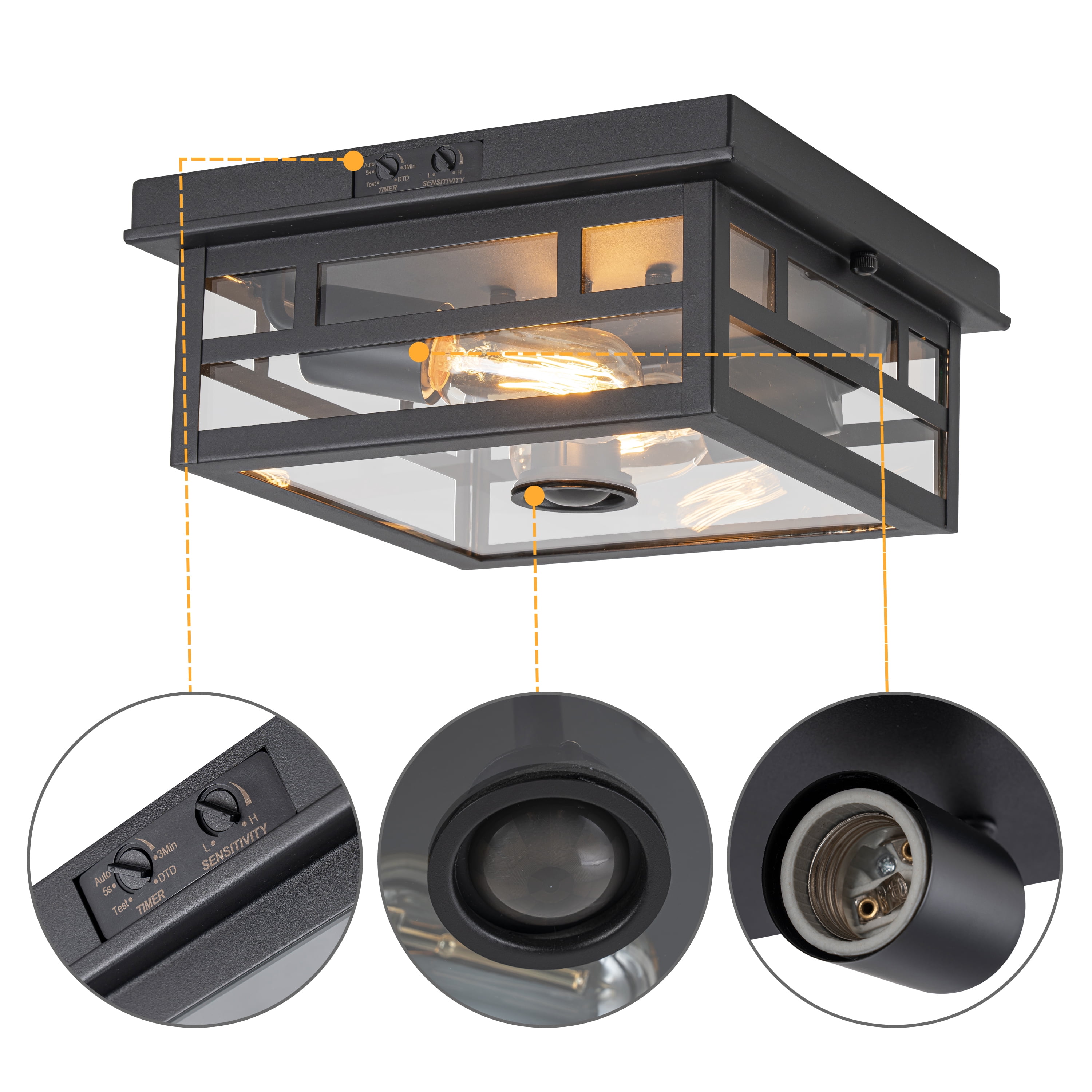C Cattleya Motion Sensor Dusk to Dawn Outdoor Flush Mount Ceiling Light with Clear Glass Shade