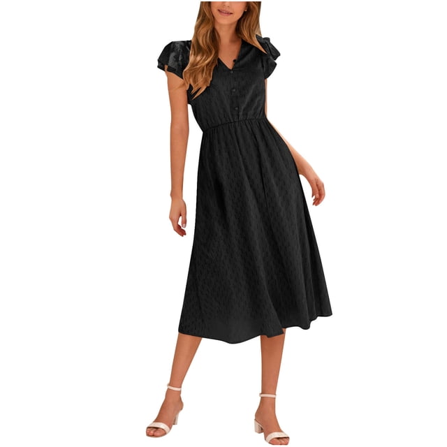Camisetas de Manga Larga de Cuello V de la Mujer de la Moda de Color Sólido de Manga Corta Vestido Hueco, Botón Vestido de Cintura Elástica para Ocasional Y Fiesta