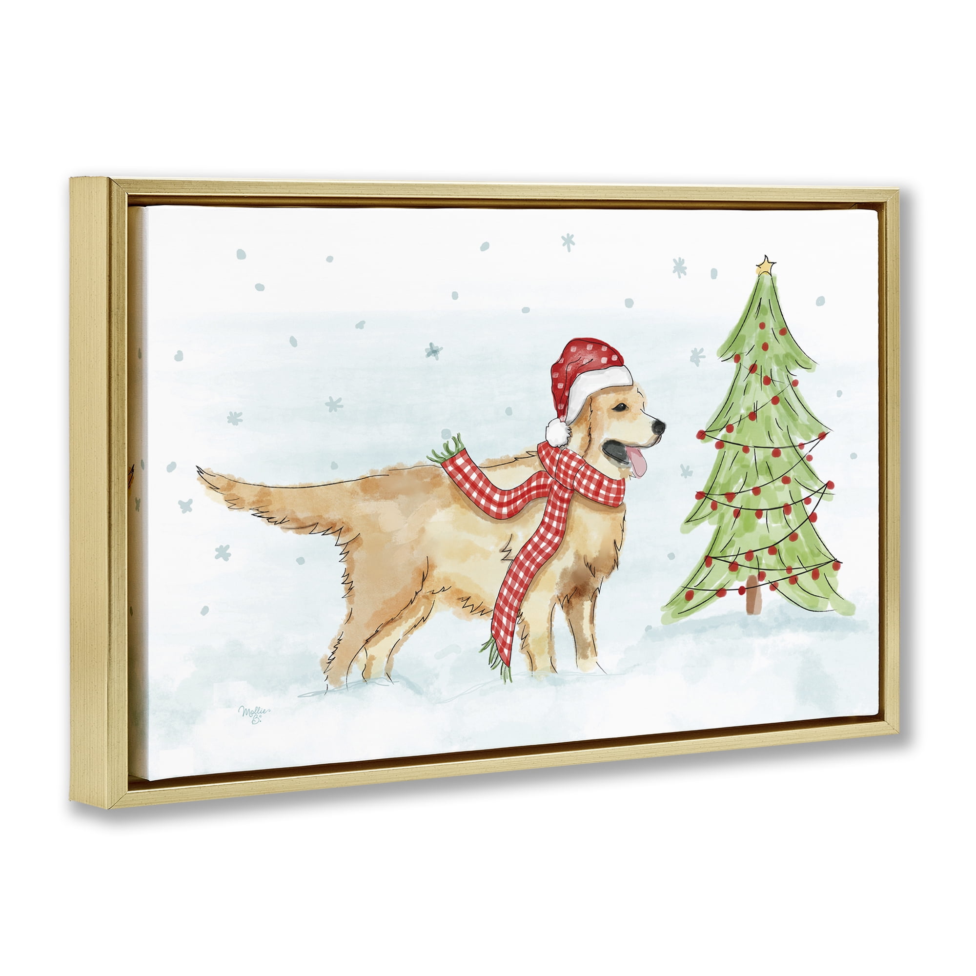 Stupell Industries Snowy Labrador Scene Holiday Painting Gold Floater Framed Canvas Art Prints Wall Art, 25 x 17