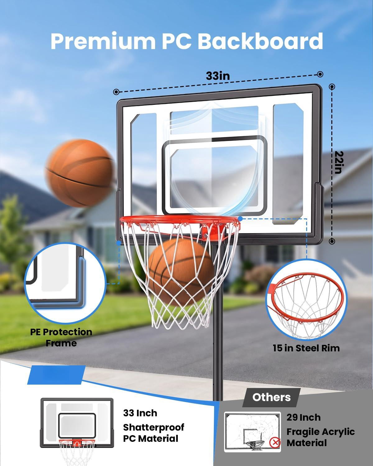 Basketball Hoop Outdoor Adjustable  33 Inch Portable Goal With Pc Backboard Fillable Base & 40 Lb Weight Ball For Backyard Driveway