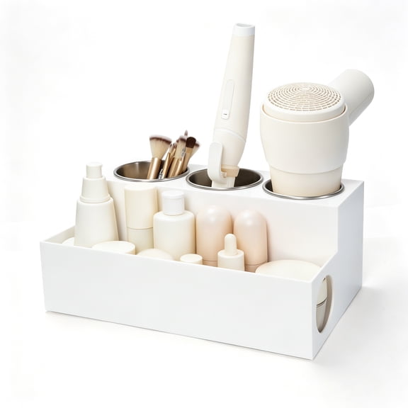 Hair Tool Organizer, Acrylic Hair Styling Tools Storage, Bathroom Counter Organizer for Accessories, Hair Blow Dryer Holder with 3 Removable Cups(White)