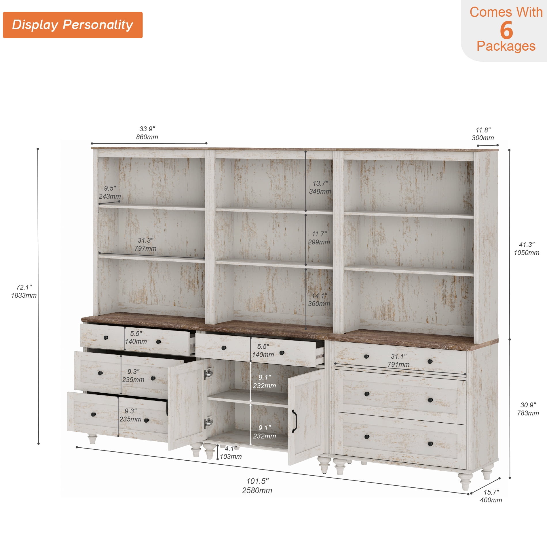 Farmhouse 5 Tier Bookcase With 7 Drawers and 2 Doors, Rustic White, 101.6" W