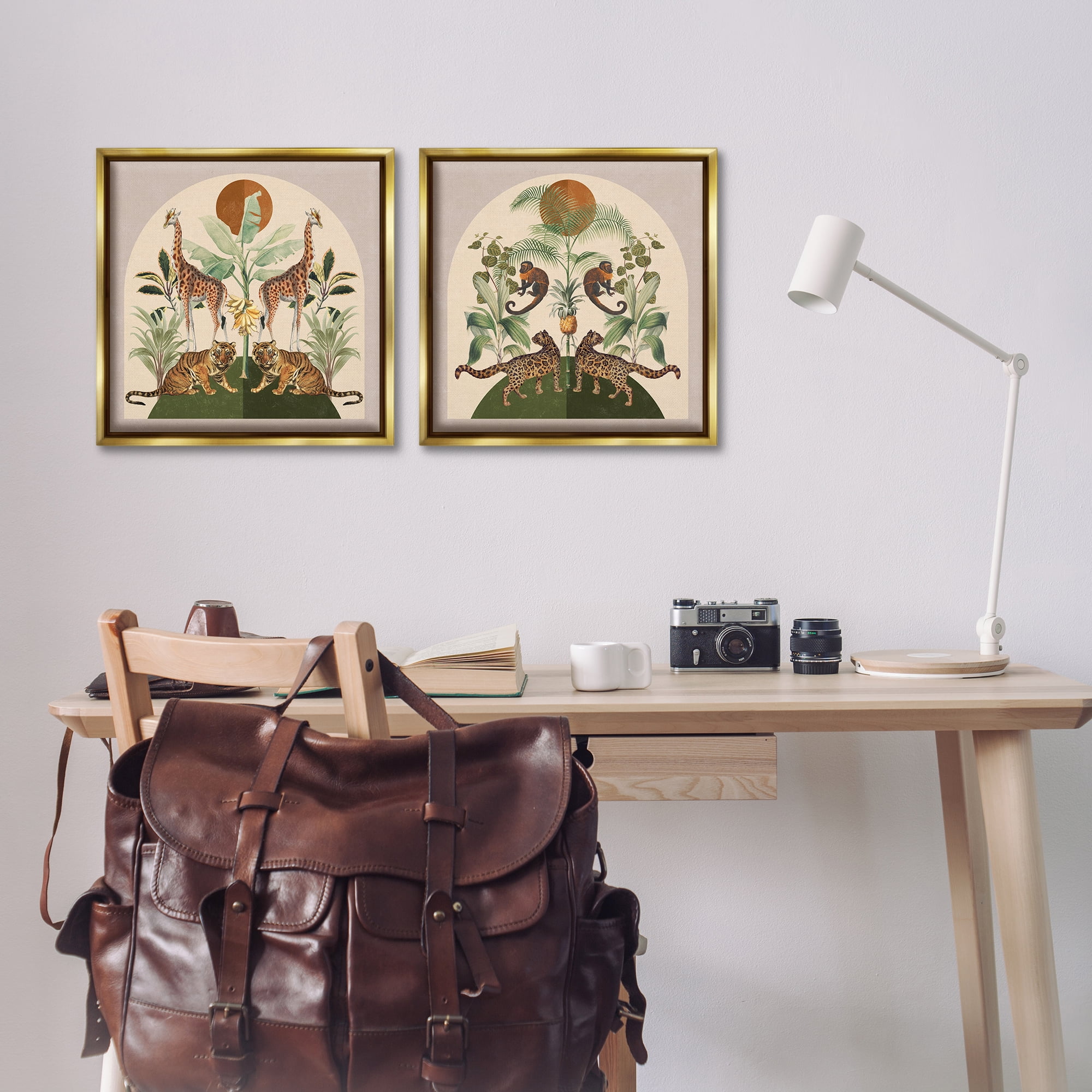 Stupell Industries Jungle Animals Foliage Illustration Animals Painting Gold Floater Framed Canvas Art Print Wall Art, 18 x 18, Set of 2