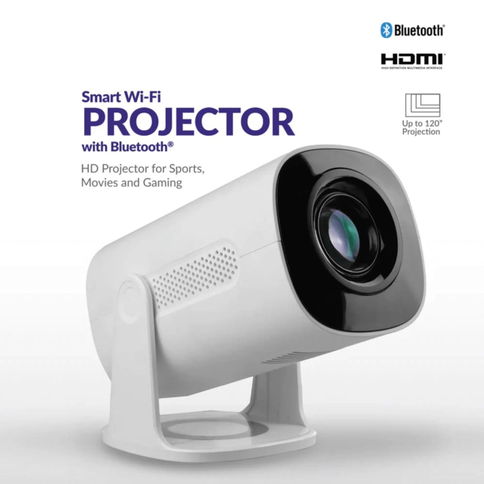 Intelligent WiFi streaming projector, featuring built-in Wi-Fi and Bluetooth 5.3, aurora light effect, mirror projection, suitable for home entertainment and meeting rooms.