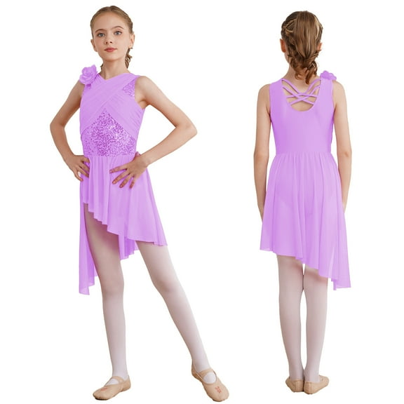 iiniim Kids Girls Sequin Flower Ballet Lyrical Dress Contemporary Dancewear Light Purple 10