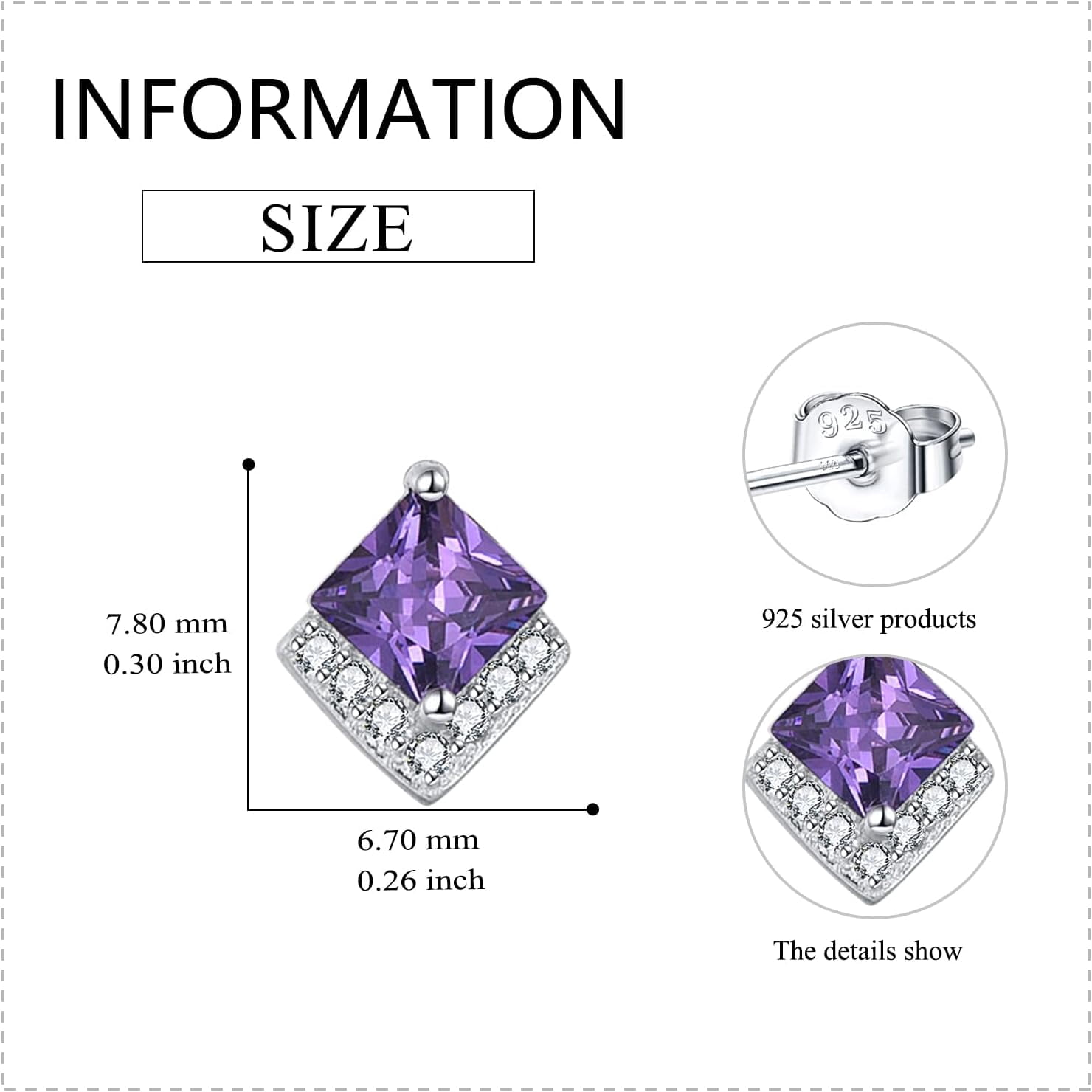 Birthstone Stud Earrings Sterling Silver Square Created Amethyst February Earrings Cubic Zirconia Piercing Jewelry Small Gifts for Women Mothers