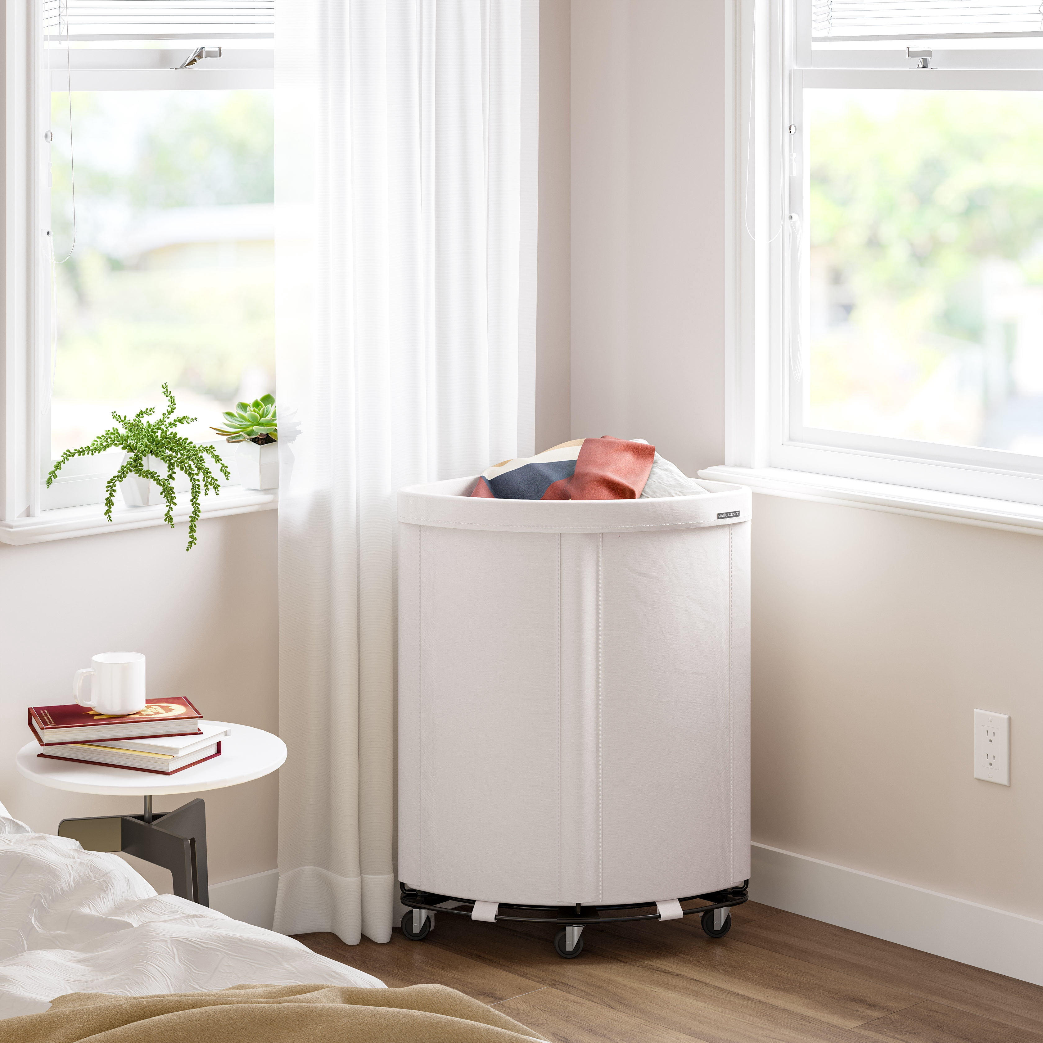 Seville Classics Corner Heavy Duty Rolling Steel Frame Laundry Hamper Canvas Cart Bin, w/ Wheels for Hotel, Home, Closet, Bedroom, Natural White, 24" W x 17.7" D