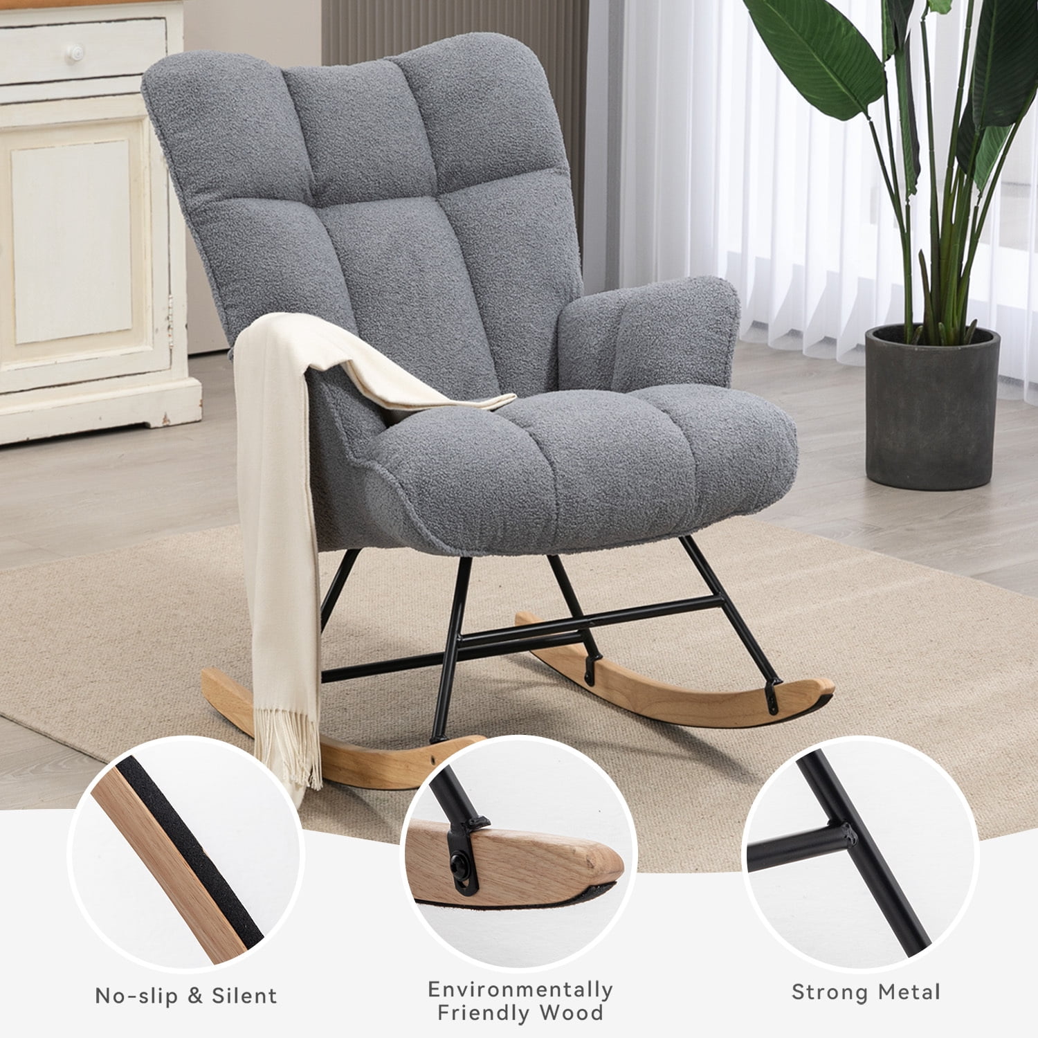 Nursery Rocking Chair Teddy, Upholstered Glider Rocker with High Backrest, Comfortable Stylish Accent Armchair with Padded Seat for Living Rooms, Bedrooms, Offices
