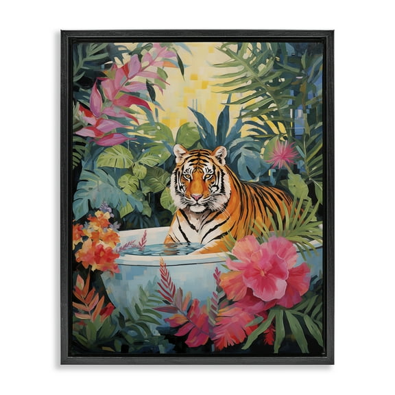 Stupell Industries Tiger in Luxurious Bath Animals Painting Black Floater Framed Canvas Art Print Wall Art, 17 x 21