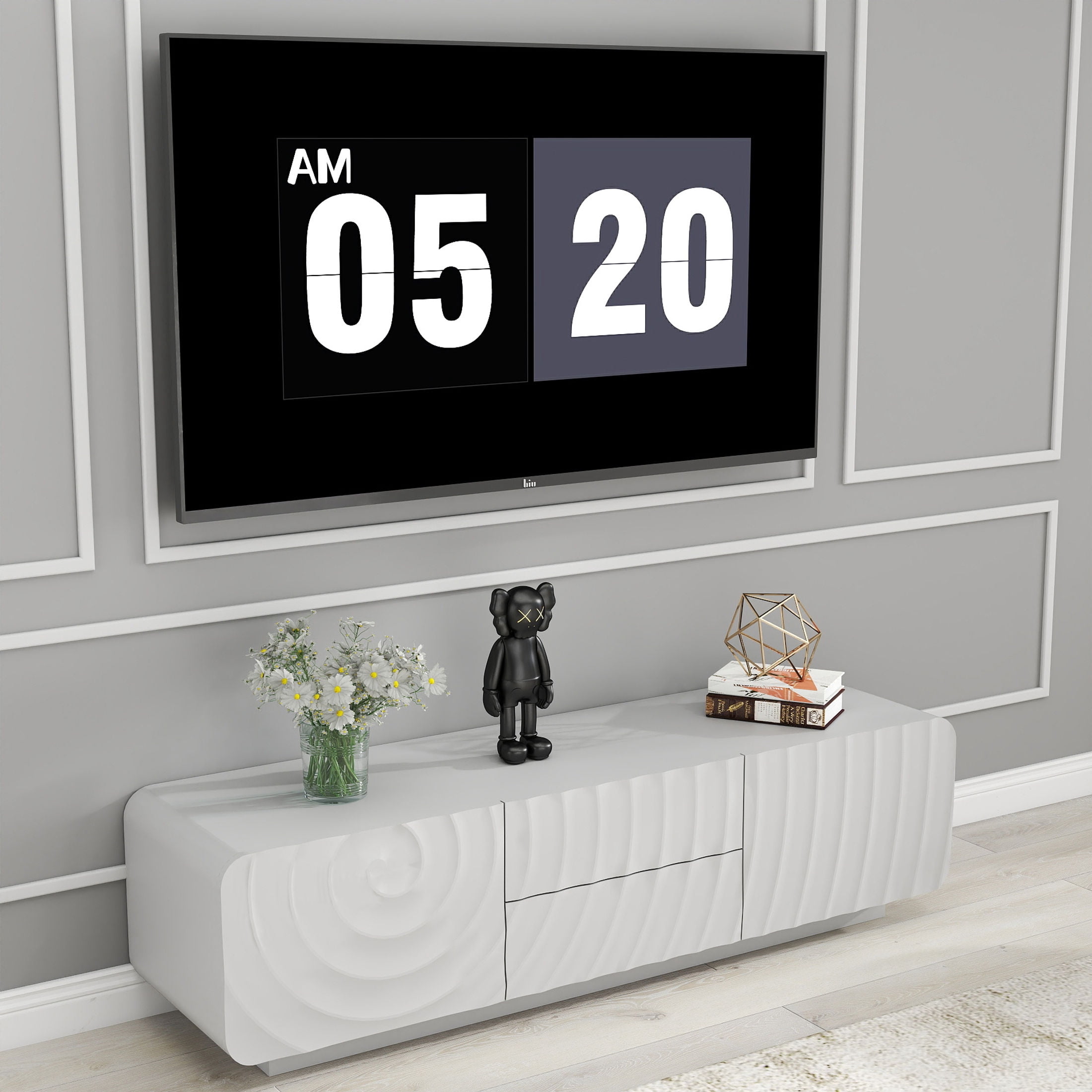 Noble House Mavor 58" Modern TV Stand Console with Storage Drawers, Spiral Wave Pattern Cabinet for Living Room, White