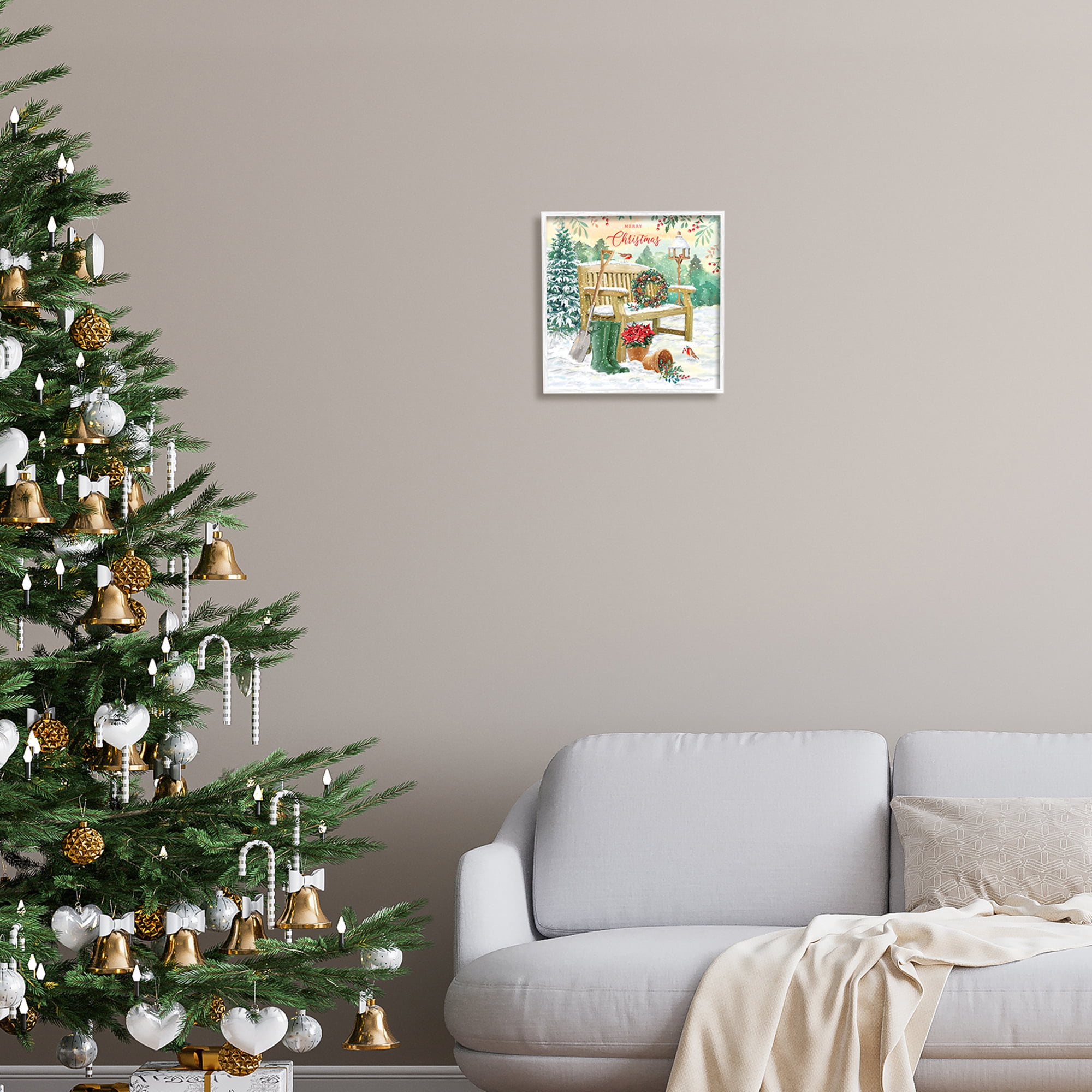 Stupell Industries Merry Christmas Winter Bench Holiday Painting White Framed Art Print Wall Art