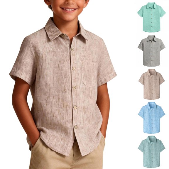 XINXIAOO Boys Short Sleeve Dress Shirts Classic Collar Button Down Khaki Shirt for Kids Formal Wear School Uniform Size 8-9 Years
