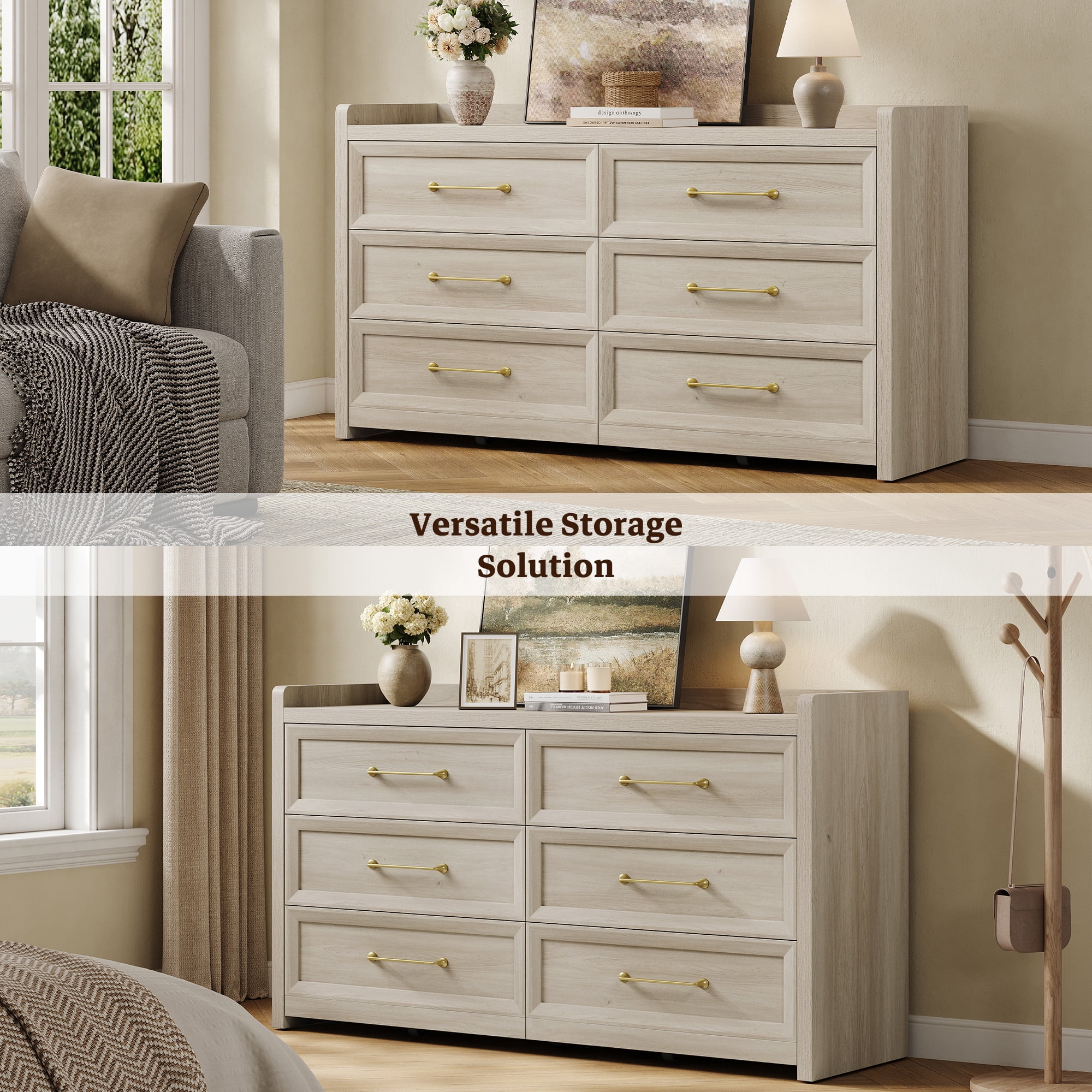 SICOTAS 56.4"W Farmhouse 6 Drawer Double Dresser, Long Chest of Drawers with Brass-tone Handles & Rolling Wheels, Wooden Dresser Storage Cabinet for Bedroom Living Room, White Oak
