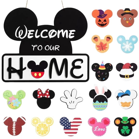 19pcs Mickey Welcome Sign, Mouse Wooden Door Hanging Plaque with Replaceable Icons for Home Porch Wall Decoration and Front Door Decor
