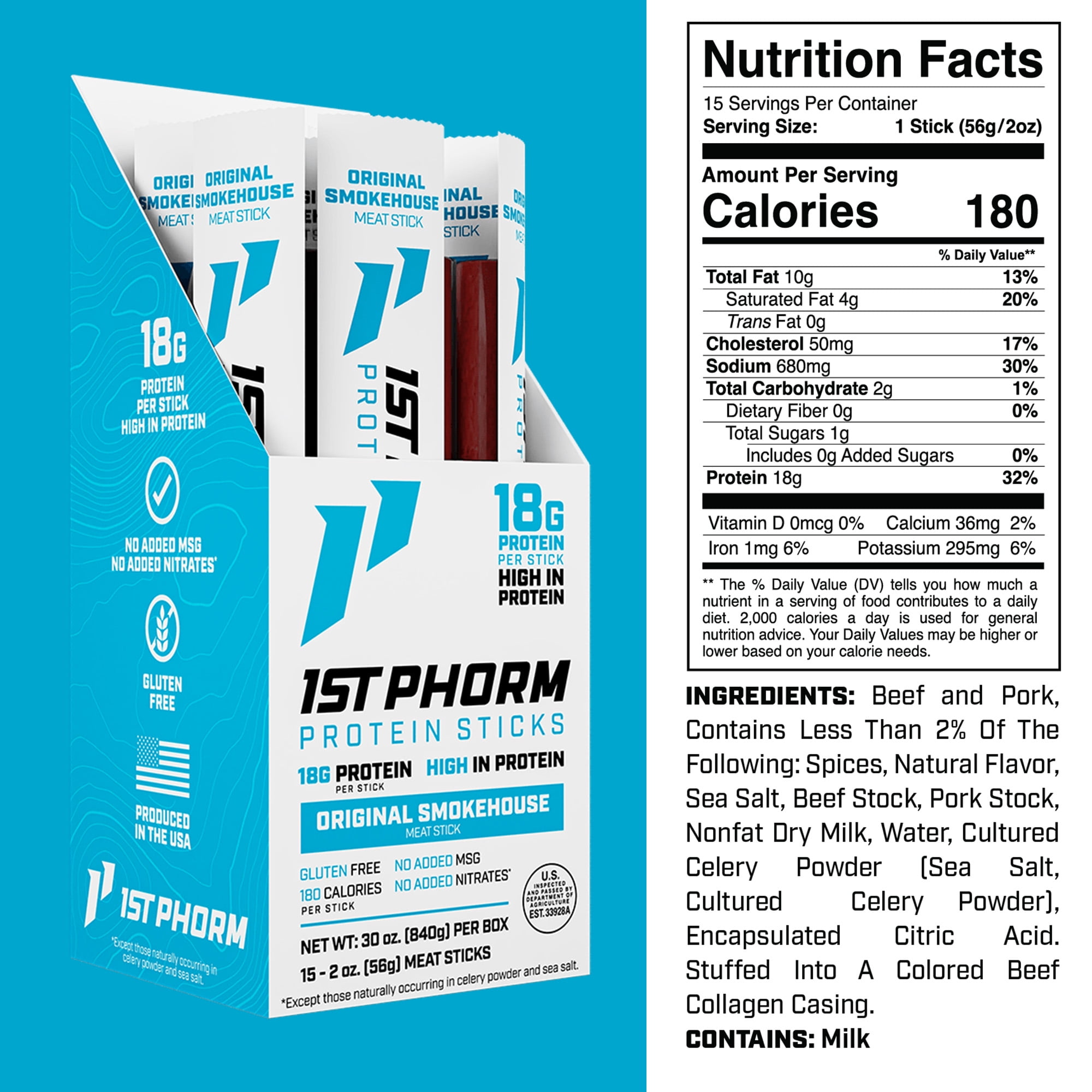 1st Phorm Protein Meat Sticks, Original Smokehouse Flavor, 18g Protein Per 2 oz. Stick (15 Count)