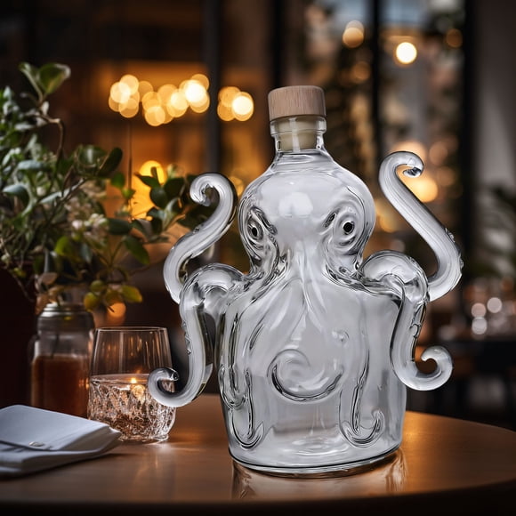 Octopus Shaped Whiskey Bottle, High Borosilicate Glass Decanter with Tentacle Design, Unique Home Bar Accessory, Natural Cork Stopper, Decorative Whiskey Bottle for Home & Office