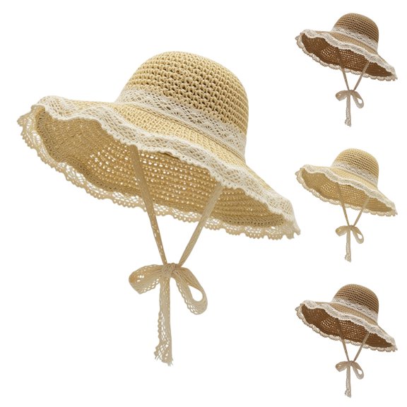 Helii Women Straw Sun Hat Wide Brim with Lace Trim and Lace Tie, Breathable Woven Beach Hat Adjustable Chin Strap Floppy Summer Cap for Vacation Travel Outdoor Khaki,A