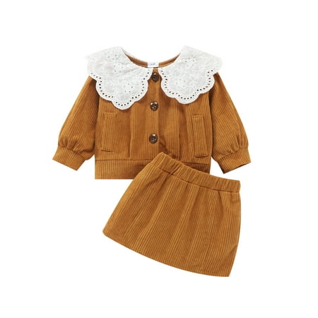 

Canrulo Infant Baby Girls Autumn Winter Clothes Ribbed Ruffle Collar Long Sleeve Cardigan Tops Skirt Outfits Ginger 9-12 Months
