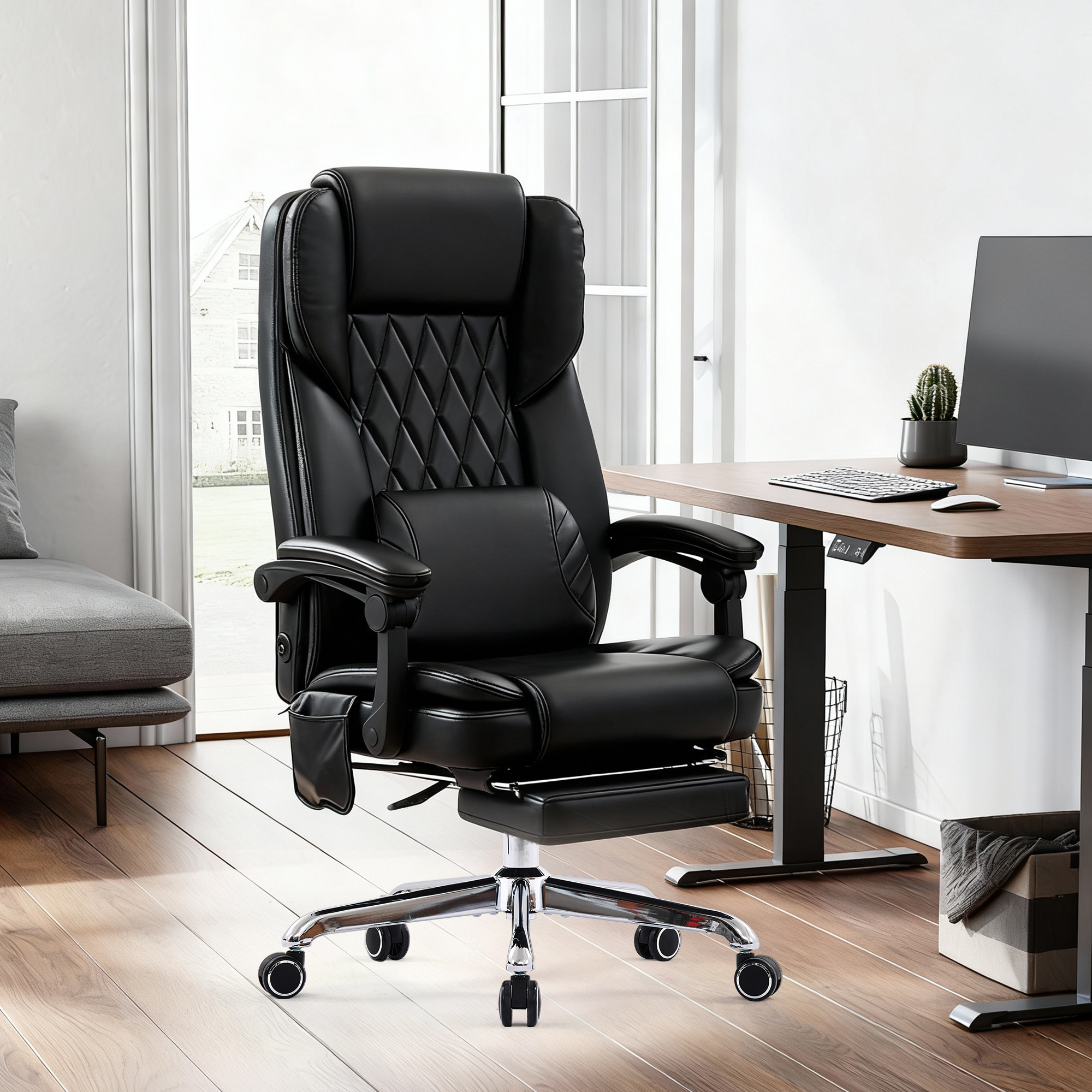EOP Big and Tall Massage Office Chair, Faux Leather Ergonomic Computer Chair with Back Support Pillow, High Back Reclining Desk Chair for Heavy People, Black