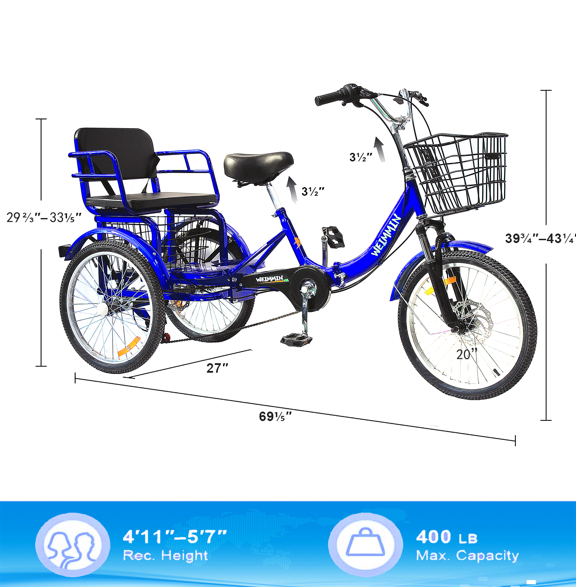 Adult Tricycle 1 Speed, 20 inch Folding Tricycle  Three Wheel Bike for Women/Men/Seniors Bicycle, Wheel Bike for Shopping/Children load 450Ib