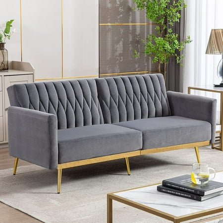 Velvet Convertible Futon Sofa Bed with Golden Metal Legs, 70